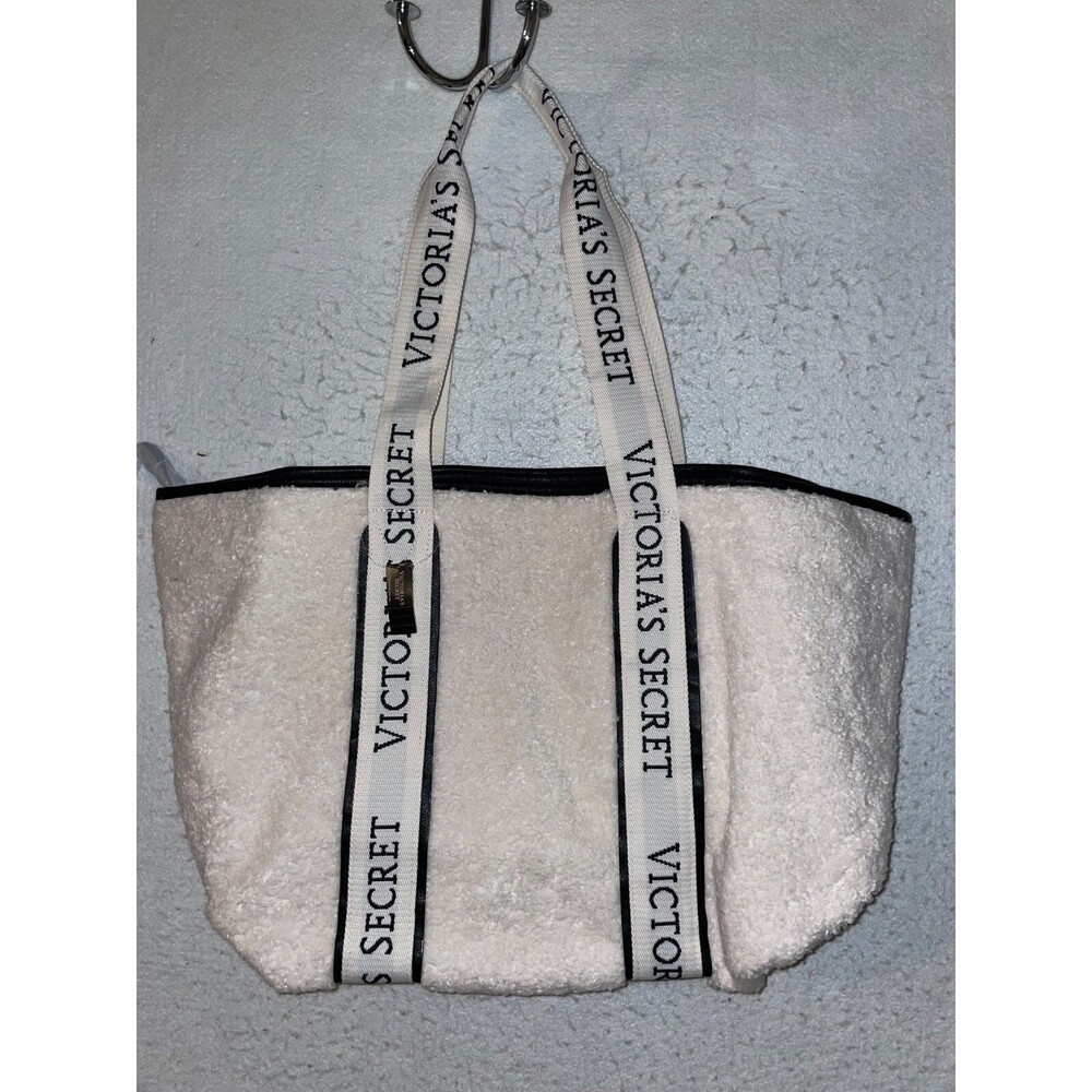 Victoria's Secret Cozy Plush Large Tote Bag White Logo Sherpa Fleece Fur NEW